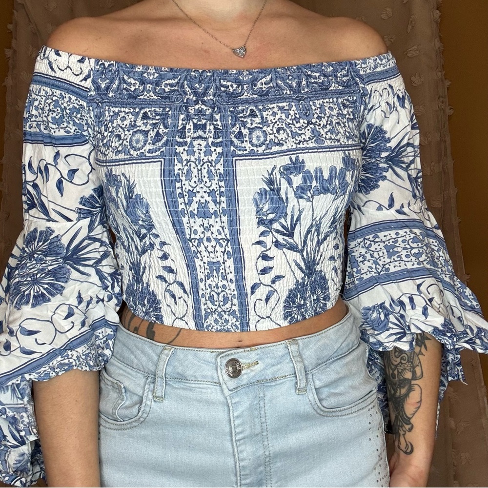 Off-the-Shoulder Blue & White Floral Crop Top